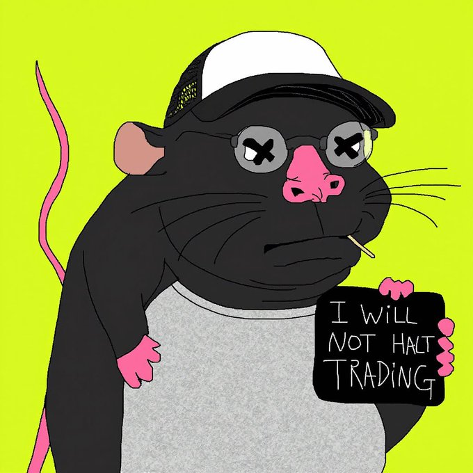 A cartoon illustration of a rat wearing a black and white cap and sunglasses, holding a sign that reads 'I WILL NOT HALT TRADING' against a bright green background.