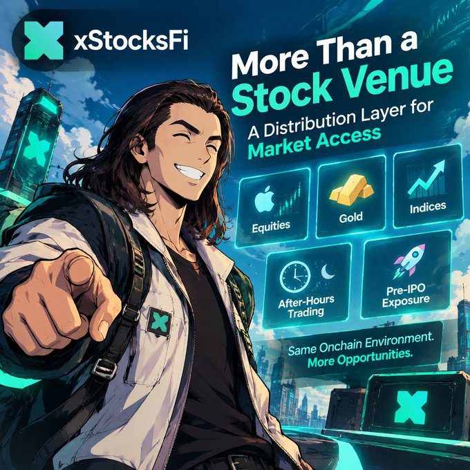Anime-style promotional graphic featuring a long-haired character pointing forward, advertising 'xStocksFi' as 'More Than a Stock Venue' with features including Equities, Gold, Indices, After-Hours Trading, and Pre-IPO Exposure.