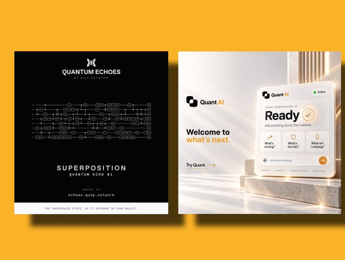 A promotional display on a yellow background showing two items: a black poster for 'Quantum Echoes - Superposition' (Quantum Echo #1) and a graphic for 'Quant AI' with text 'Welcome to what's next.'