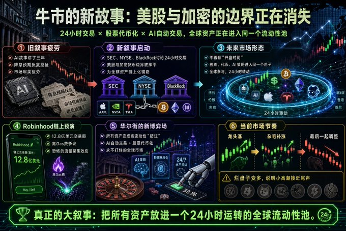 A Chinese-language infographic titled '牛市的新故事：美股与加密的边界正在消失' (New bull market story: the boundary between US stocks and crypto is disappearing) detailing 24-hour trading, tokenized stocks, AI auto-trading, and market trends with sections on old/new narratives, Robinhood, and Wall Street.