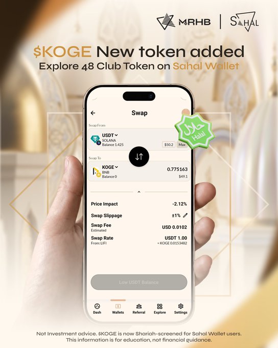 A promotional graphic announcing '$KOGE New token added' on Sahal Wallet, showing a phone interface swapping USDT to KOGE with logos for MRHB and Sahal.