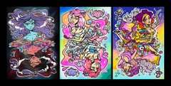 A triptych of colorful abstract digital art with a soft, blurred pattern of vibrant jewel tones—purple, blue, pink, and orange—serves as an artistic banner for a MetaVixensNFT giveaway, visually evoking the glamorous and mystical aesthetic of the NFT community project.