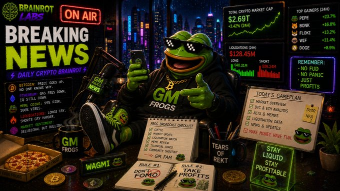 This "Breaking News" graphic from Brainrot Labs features the GM Frogs mascot displaying a $2.69T Total Crypto Market Cap and $128.45M in 24-hour liquidations, while its "Today's Gameplan" checklist promotes BTC/ETH analysis and liquidation data, illustrating the volatile crypto market environment relevant to the post about Bitcoin miners transitioning to AI infrastructure.