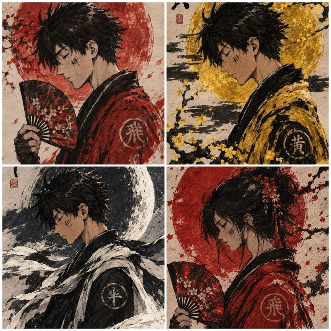 A four-panel artwork in a traditional Japanese ink painting style depicting characters in profile against circular motifs (red sun and yellow moon), featuring Japanese kanji characters including 飛, 黃, and 平.