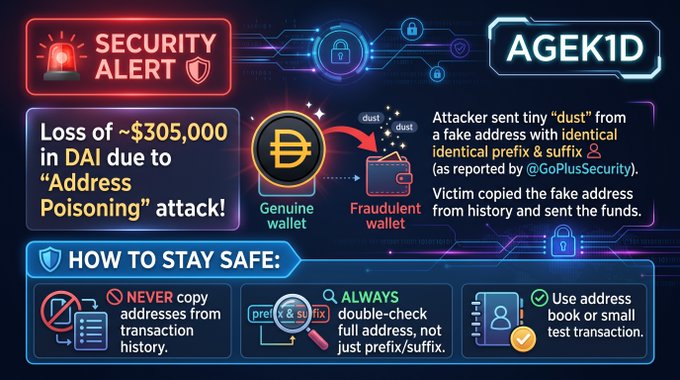 A security alert infographic titled 'SECURITY ALERT' warning about a 'Loss of ~$305,000 in DAI due to Address Poisoning attack!' by AGEK1D, explaining how an attacker sent 'dust' from a similar-looking address.