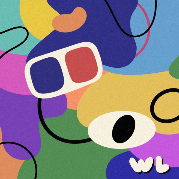 The image features a colorful abstract background with various shapes, including circles, lines, and dots. The dominant colors are blue, purple, green, orange, pink, yellow, and white. There are two pairs of glasses placed within this colorful scene - one pair is red and the other is blue. A small black circle can be seen in the image as well. The post appears to be a meme or a social media post promoting an order for a giveaway called "Ordinals Fam Giveaway Prize: 5x GTD Meme Haus Simple: - Follow @Ordinalsnfts_ - @memehaus_eth - Just drop your wallet below Ends: 24 Hours Winner will be announced publicly". The image is filled with various shapes and colors, creating an interesting visual experience.