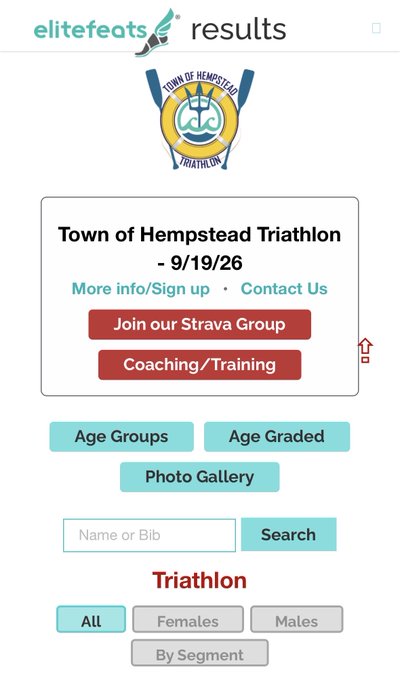 A screenshot of the elitefeats results page for the Town of Hempstead Triathlon dated 9/19/26, featuring options for Age Groups, Age Graded, Photo Gallery, and filters for All, Females, Males, and By Segment.