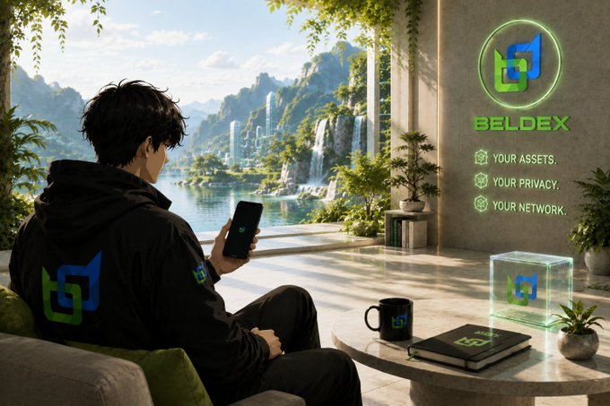 A young man wearing a Beldex-branded hoodie sits in a scenic, futuristic lounge overlooking mountains and waterfalls while using his phone, with the "BELDEX" logo and tagline "YOUR ASSETS. YOUR PRIVACY. YOUR NETWORK." displayed beside branded items including a holographic cube, mug, and notebook. The image visually reinforces the post's message about Beldex's wallet being more than just a coin storage, showcasing its ecosystem integration through branded merchandise and the privacy/network ethos highlighted in the text.