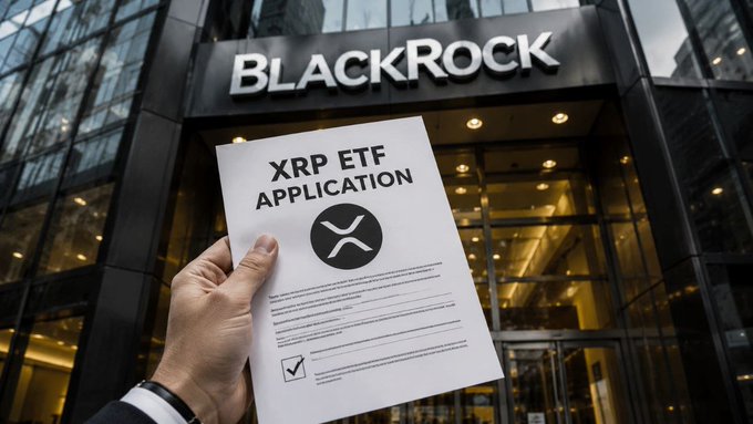 A hand holds an "XRP ETF APPLICATION" document featuring the XRP logo in front of BlackRock's corporate building entrance. The staged image visually represents the speculation that BlackRock may pursue an XRP exchange-traded fund should the CLARITY Act receive legislative approval.