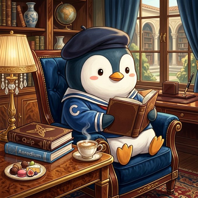 The image features a penguin sitting comfortably in an armchair, reading a book while holding a cup of coffee. The penguin appears to be dressed as a sailor or a pirate, adding a whimsical touch to the scene. In front of the penguin is a table with several books and a cup of coffee on it. The background shows a window overlooking a courtyard, providing an outdoor view for the penguin's reading session.