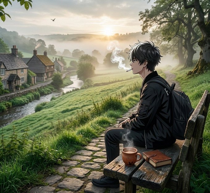 An anime-style illustration of a dark-haired person sitting on a wooden bench smoking, with a steaming coffee cup and a closed book beside them, overlooking a misty rural landscape.