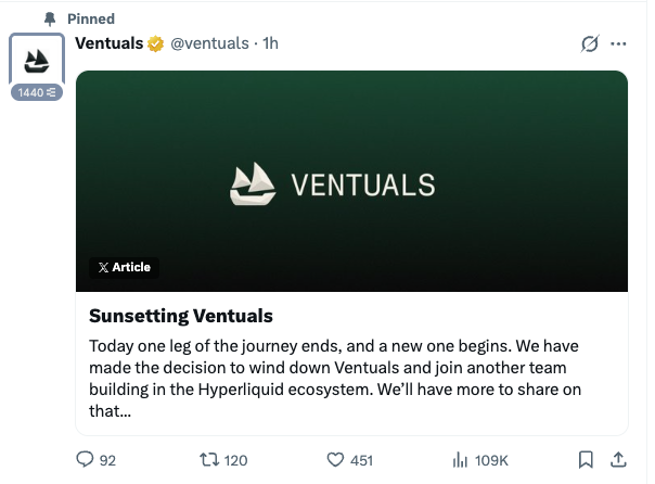 The image features a screenshot of an email from Ventuals, a company that provides a social networking platform called "Ventuals". The email has just been sent, and it includes a link to a video titled "Sunsetting Ventsails" where it is advised to wind down "Ventsails". This post seems to be related to the Ventuals Twitter account as they have posted a hashtag #ventsails. In this post, there are two mentions of the hashtag in different sentences, possibly referring to a post made by another person or a comment on their thread. The image also shows a screenshot of a white square with black text that reads "VentuALS Shutts Down @Ventuals frozen @Ventuals @HYPE ... @Ventsails". This information is related to the Ventuals account in the image, as they have temporarily closed their social media platform.