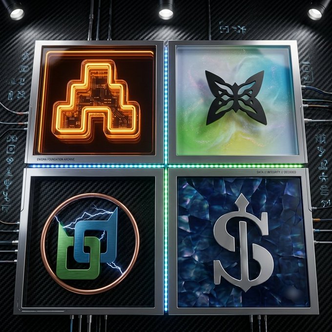 Four illuminated display panels showcase logos for ENQMA Foundation, Phantom, and other crypto projects with partial text reading "DATA // INTEGRITY // SECURED" and "ENQMA FOUNDATION ARCHIVE," visually complementing the post's focus on QUIP Network's quantum-secure cross-chain technology and highlighting the theme of advanced blockchain security.