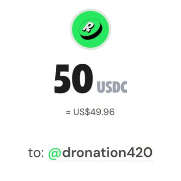A digital receipt from Ramp Network shows a transfer of 50 USDC (≈ US$49.96) sent to @dronation420, matching the post celebrating the recipient as the latest winner of a surprise crypto giveaway.