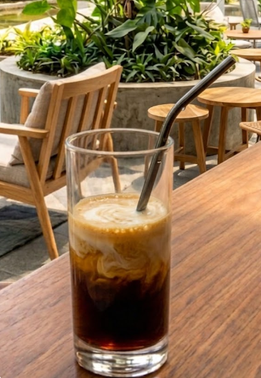 An iced coffee with cream sits on a wooden outdoor table at a cafe, with a glass straw and potted plants in the background.