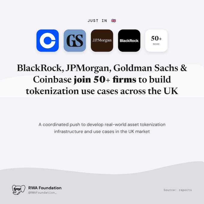 A news graphic featuring logos of Coinbase, Goldman Sachs, JPMorgan, and BlackRock, with the headline "BlackRock, JPMorgan, Goldman Sachs & Coinbase join 50+ firms to build tokenization use cases across the UK".