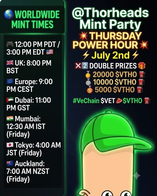 A promotional flyer for the @Thorheads Mint Party 'Thursday Power Hour' on July 2nd lists worldwide times and SVTHO token prizes of 20000, 10000, and 5000 with double prizes.