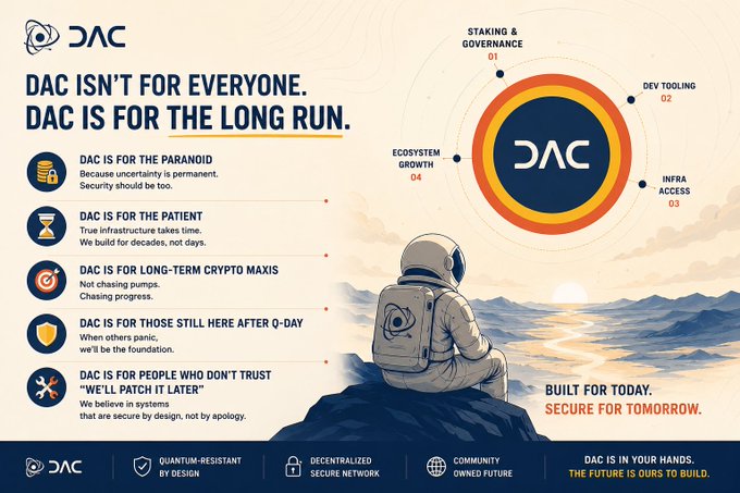 A marketing infographic for DAC featuring an astronaut on a rocky outcrop, with text including 'DAC ISN'T FOR EVERYONE. DAC IS FOR THE LONG RUN.' and tags like 'STAKING & GOVERNANCE', 'DEV TOOLING', 'INFRA ACCESS', and 'ECOSYSTEM GROWTH'.