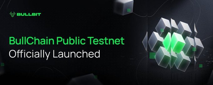 A promotional banner featuring the "Bullbit" logo and text announcing "BullChain Public Testnet Officially Launched," set against a dark background with green-accented 3D cubes. The image aligns with the post's announcement of the BullChain L1 testnet going live, inviting users to participate for free with potential airdrop rewards.