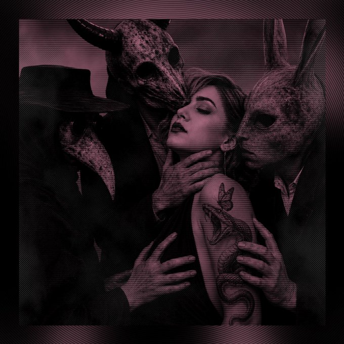 A dark, stylized pink-tinted image showing a woman with a snake tattoo being held by figures in unsettling animal masks, including one with horns and another with rabbit ears, with multiple hands gripping her shoulders and arm.