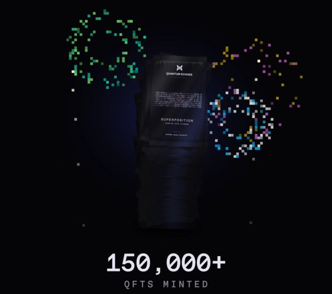 A promotional image showing a 'Quantum Echoes' package labeled 'SUPERPOSITION', with pixelated green and multicolored particle effects and text reading '150,000+ QFTS MINTED'.