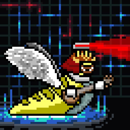 A pixel art character wearing a red hat and yellow dress with white wings floats in a dark, grid-like digital environment.