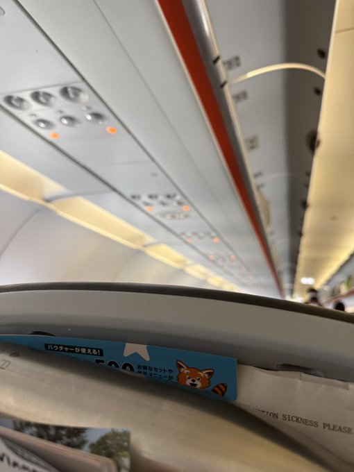 An interior view from an airplane passenger seat showing the overhead panels, ceiling lights, and the top of a seatback pocket containing a safety card with a cute Shiba Inu character and Japanese text about batteries ('バッテリーが燃える！') and motion sickness.