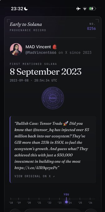 The image shows a cell phone screen displaying a message from someone named Mad Vinny, which reads "Early to Solana @tensorhq Not to mention that my OG @solana 2002 twitter acc was suspended forever by old government of ex twitter @solana Manlet Vinny ON TOP Fock it." The post is about the user's Twitter account and how they were suspended.