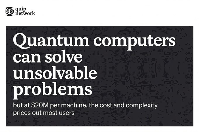 A graphic titled 'Quantum computers can solve unsolvable problems' notes that 'but at $20M per machine, the cost and complexity prices out most users,' with a 'quip network' logo at the top.