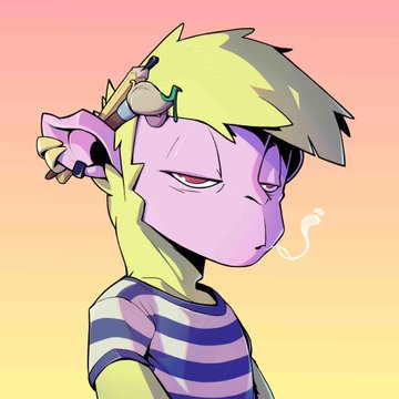 Digital art of a character with green skin and hair, wearing an eyepatch, a striped shirt, and a belt accessory, smoking a cigarette against a gradient orange-yellow background.