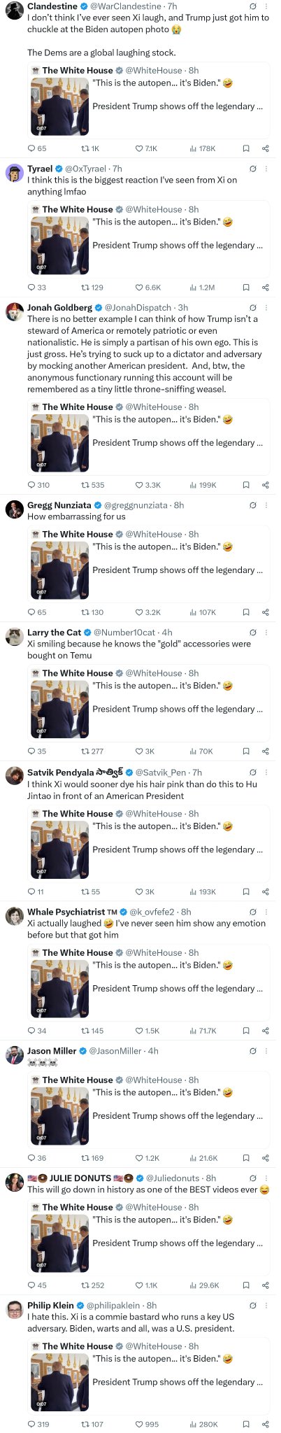 A long Twitter/X timeline showing multiple users commenting on a White House video of President Trump showing an autopen, captioned 'This is the autopen... it's Biden.'