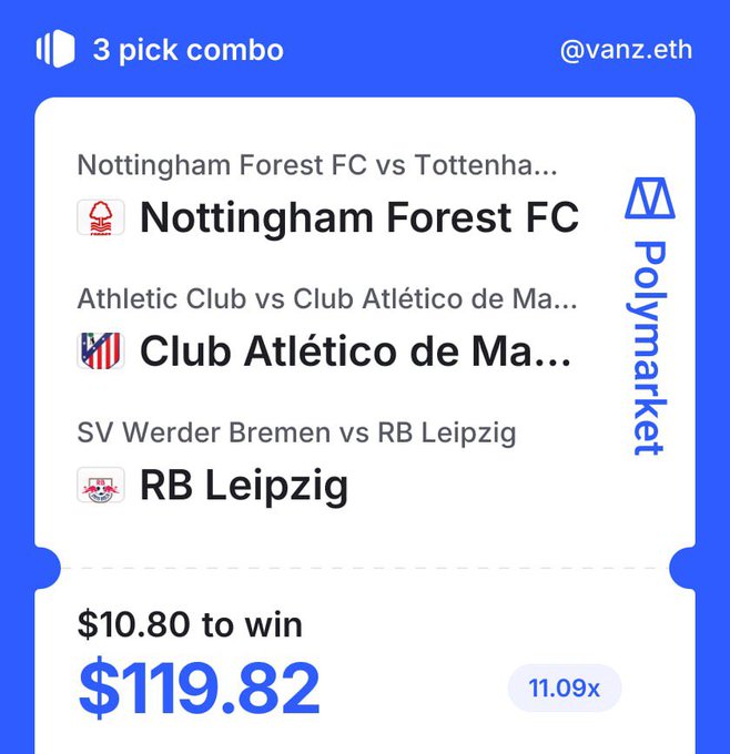 The image shows a Polymarket 3-pick combo betting slip posted by @vanz.eth, featuring selections on Nottingham Forest FC to win against Tottenham, Club Atlético de Madrid (truncated as "de Ma...") against Athletic Club, and RB Leipzig to beat SV Werder Bremen, with a $10.80 wager offering a potential payout of $119.82 at 11.09x odds, illustrating the user's attempt to turn $10 into a larger sum as mentioned in their post about their first combo bet since the World Cup.