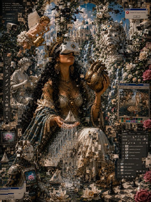 A regal woman in ornate baroque attire holds a golden vessel, surrounded by cherubs, classical statues, and lush florals, with Photoshop interface panels visible on the sides. The layered digital collage, labeled "Day 012," transforms the workspace into a surreal Renaissance dreamscape where tools of creation blend with mythological grandeur.