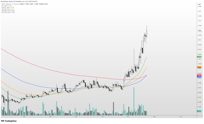 A daily candlestick chart of $KAITO/USDT on TradingView shows a sharp, near-vertical price surge in late July to around 0.80, well above its 20 (0.11), 50 (0.08), and 200 (0.06) SMAs, accompanied by a spike in volume — illustrating the "mega strong" momentum the post refers to while leaving open whether the move is sustainable or simply insider-driven.