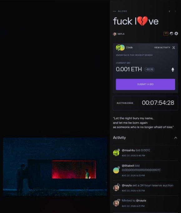 An NFT auction page for a piece titled 'fuck l❤️ve' by NAYLA, currently at a bid of 0.001 ETH, ending in '00:07:54:28', with a preview showing two figures in a dark space.