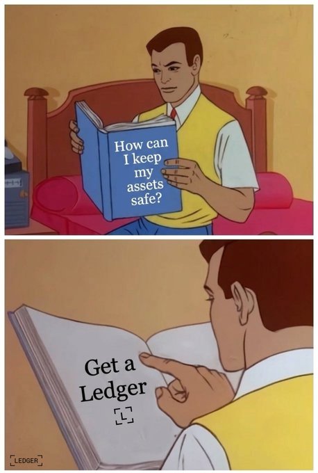 A two-panel cartoon of a man reading a book titled 'How can I keep my assets safe?' which then reveals the answer 'Get a Ledger,' with the Ledger logo visible.