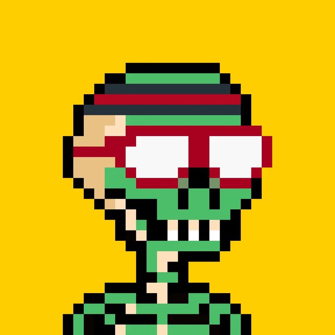 A pixel art character with a green body, wearing red and white sunglasses and a striped beanie, set against a yellow background.