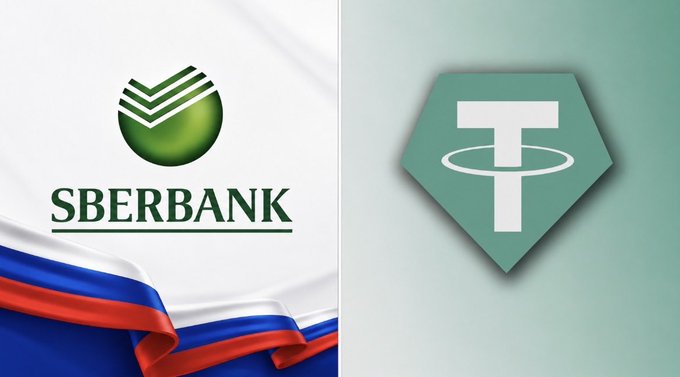 A composite image showing the Sberbank logo over a Russian flag on the left and the Tether (USDT) logo on the right.