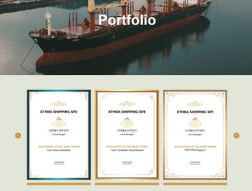 A webpage portfolio section titled 'Portfolio' showing a cargo ship at dusk above three 'ETHRA SHIPPING SPZ' award certificates labeled 'YOU WILL REVOLUTIONIZE THE GLOBAL FISHING MARKET 100 Thousand', '500 Thousand', and '1 Million'.