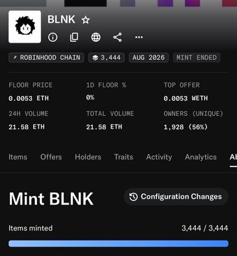 A screenshot of an NFT collection page for 'BLNK' on the Robinhood Chain, showing a mint-ended status with 3,444 supply, 0.0053 ETH floor price, and 21.58 ETH total volume.