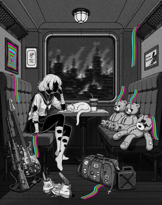 A monochrome anime-style illustration depicts a faceless figure sitting alone in a dark train car, accompanied by a sleeping cat, a fast food cup, teddy bears, a patched guitar case, and a duffel bag covered in crosses and patches, with a smoldering city skyline visible through the window. The melancholic, post-apocalyptic mood of "Fight & Flight" complements the artwork's themes of solitude and journey, visually reinforcing the NFT being auctioned at 0.11 ETH.