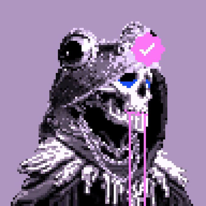 A pixelated grayscale cloaked figure with a skull-like face and a pink checkmark badge above its head, representing the rare "Frog Cloak Doomsayer" NFT being listed for the first time at 1 ETH. Pink liquid drips from the figure, adding a distinctive visual element to this legendary digital collectible.