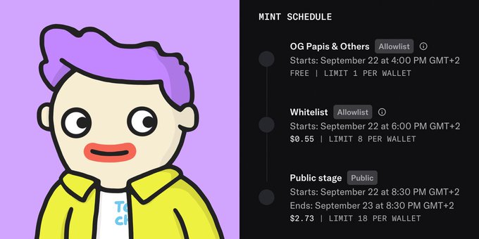 NFT mint schedule graphic featuring a cartoon character with purple hair on the left, listing three mint phases: OG Papis & Others (Allowlist, FREE), Whitelist (Allowlist, $0.55, limit 8 per wallet), and Public stage ($2.73, limit 18 per wallet), all starting September 22.