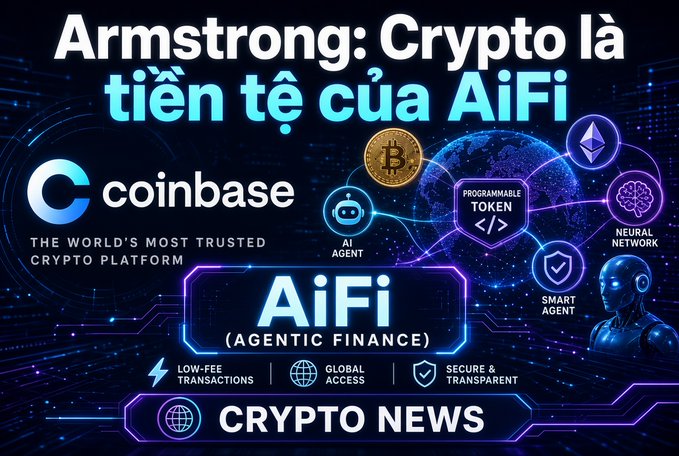 A promotional graphic with Vietnamese text "Armstrong: Crypto là tiền tệ của AiFi" featuring the Coinbase logo and icons for AiFi (Agentic Finance), AI Agent, Programmable Token, Neural Network, and Smart Agent.