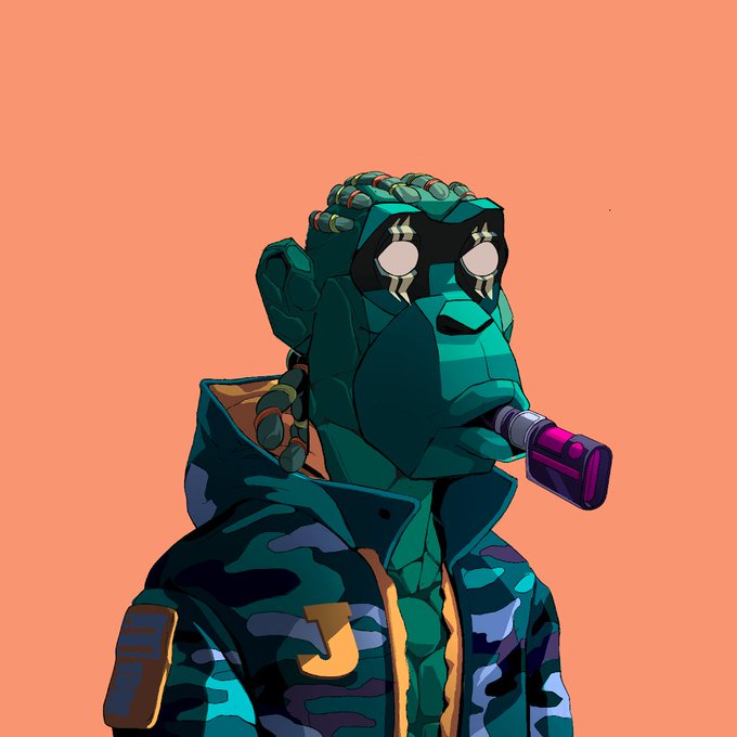 A digital illustration features a green, cracked-stone-skinned character with a mechanical eye device drinking from a purple cup, set against a coral background.