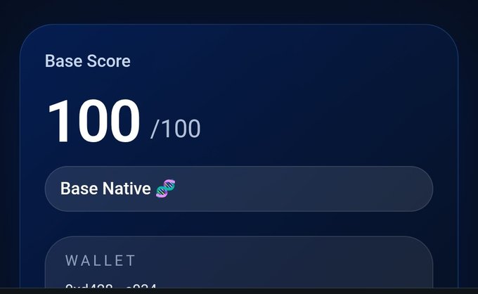 A digital scorecard displays a "Base Score" of 100/100 alongside a "Base Native" badge with a DNA icon, with a partially visible "WALLET" section below showing "0x6408...881".