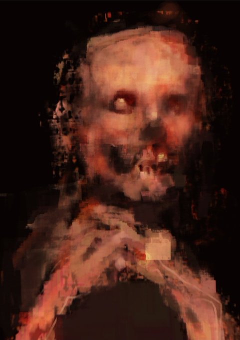 A pixelated, ghostly portrait rendered in fiery orange and red tones emerges from a dark background, depicting a haunting figure with hollow eyes and clasped hands. The glitchy, horror-inspired artwork reflects the digital NFT collectible posted from objkt.com, evoking an eerie, otherworldly presence fitting for a blockchain-based art piece.