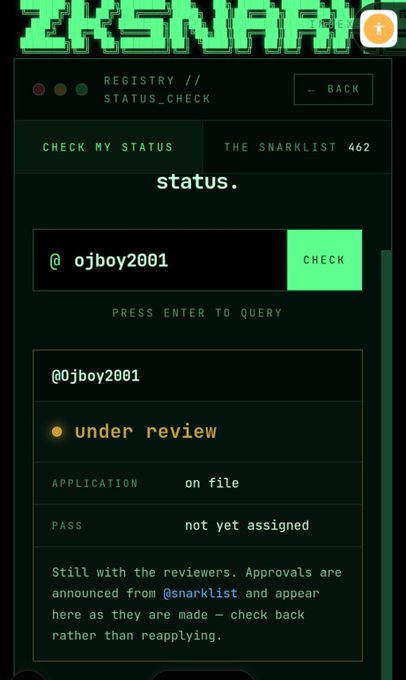 A dark-themed app interface titled "ZKSNARK" showing a registry status check page for user @0jboy2001, with their application listed as "under review" and "on file," noting that pass approval is not yet assigned and approvals are announced from @snarklist.