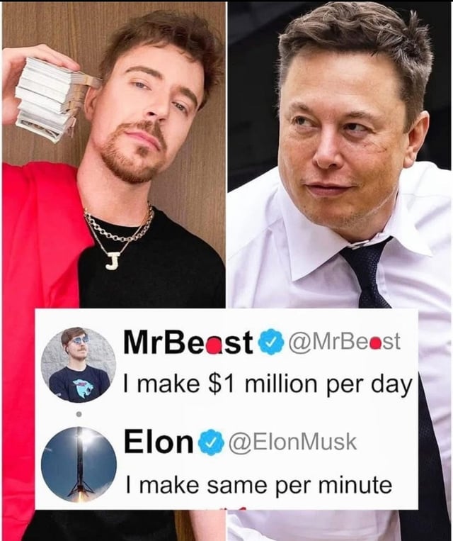 In the image, there are two pictures side by side of a man. One picture shows the man wearing a red shirt with money stacks behind him. The other picture depicts the same man wearing a white shirt without any money or stacks behind him. At the bottom right corner of each picture, there is text that says "SpcX $1T launch". This implies that the man in both pictures has made some money and possibly launched a new venture. The comparison between the two photos shows how their appearances and situations relate to the message about launching SpcX $1T.