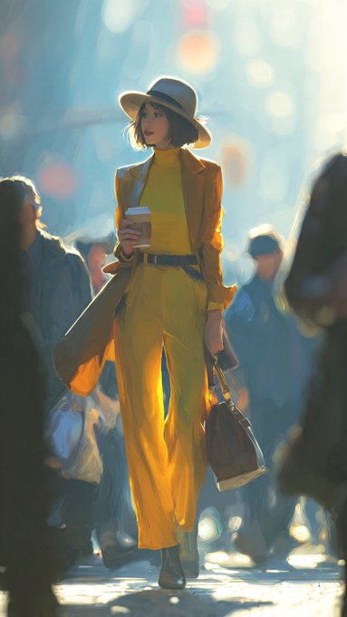 Stylized illustration of a young woman in a yellow turtleneck, mustard blazer and pants, and a wide-brimmed hat, walking through a sunlit, bokeh-filled street while holding a coffee cup and handbag.